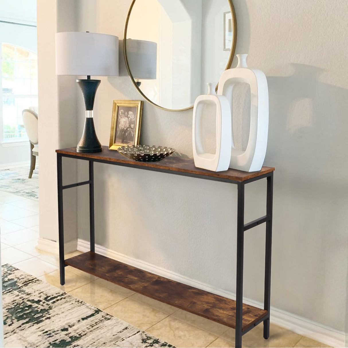 Narrow Console Table, 47 Inch Sofa Table with Adjustable Shelf, 2-Tier Long Skinny Table for Hallway,