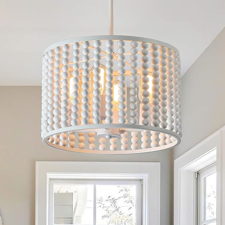 5 Lights White Bohemia Wood Beaded Chandelier, Farmhouse Boho Chandelier Light