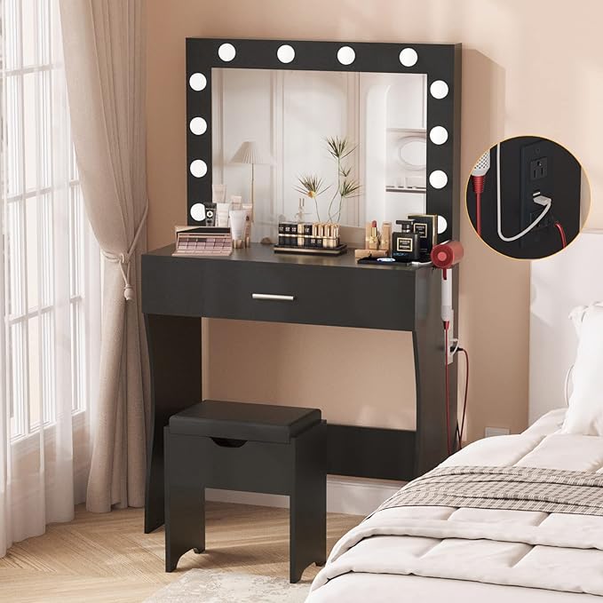 Vanity Table Set with Lighted Mirror - Makeup Vanity with Lights, Adjustable Brightness, Large Drawer Sturdy Wood Vanity, White 80x40x140cm