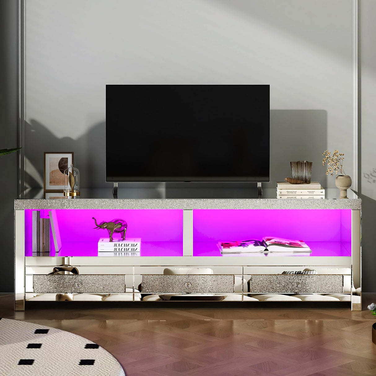 Silver TV Stand for 65 Inch TVs, Mirrored TV Stand with LED Light