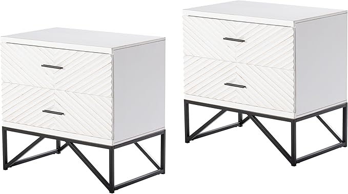 Modern 2-Drawer Nightstand, Contemporary Line Accent End Side Table with Black Metal