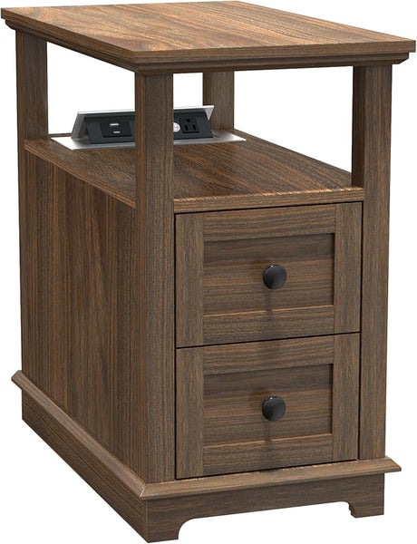 Narrow End Table with Flip Top Charging Station and 2 Drawers