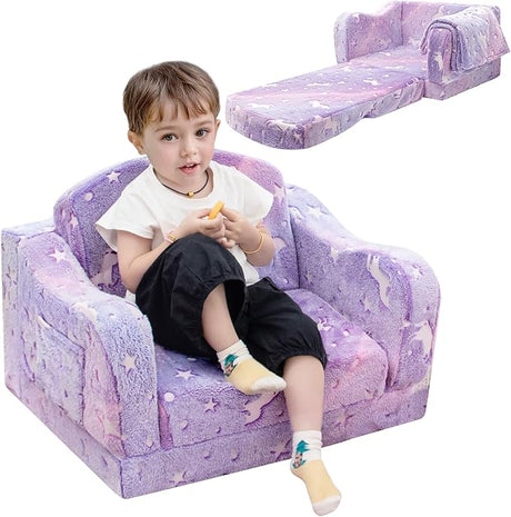 Comfy Toddler Couch and Chair for Kids with Blanket, 2-in-1 Soft Plush Fold Out Kids Sofa