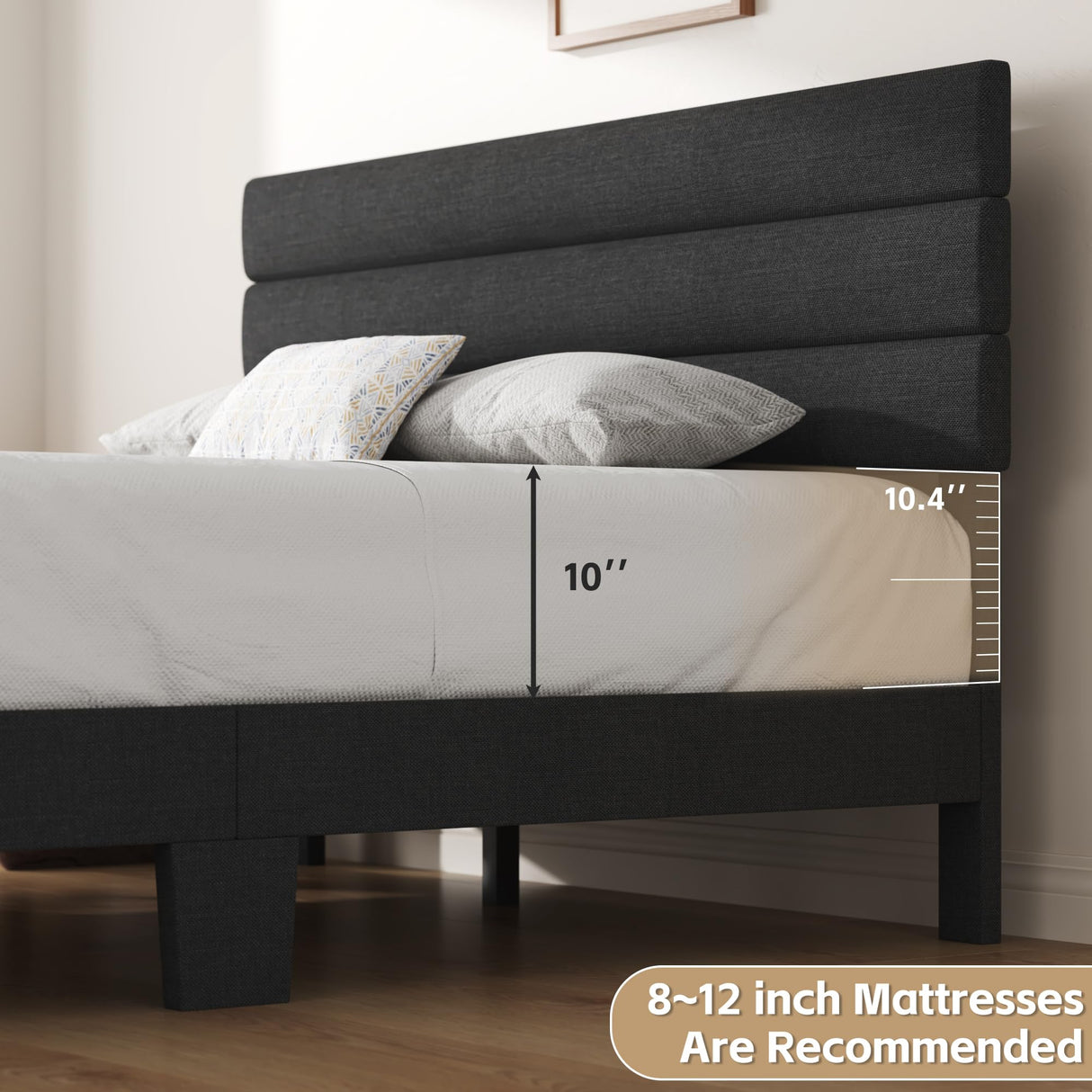 Queen Bed Frame Upholstered Queen Bed Frame Platform with Headboard Linen Fabric Headboard Wooden Slats Support,