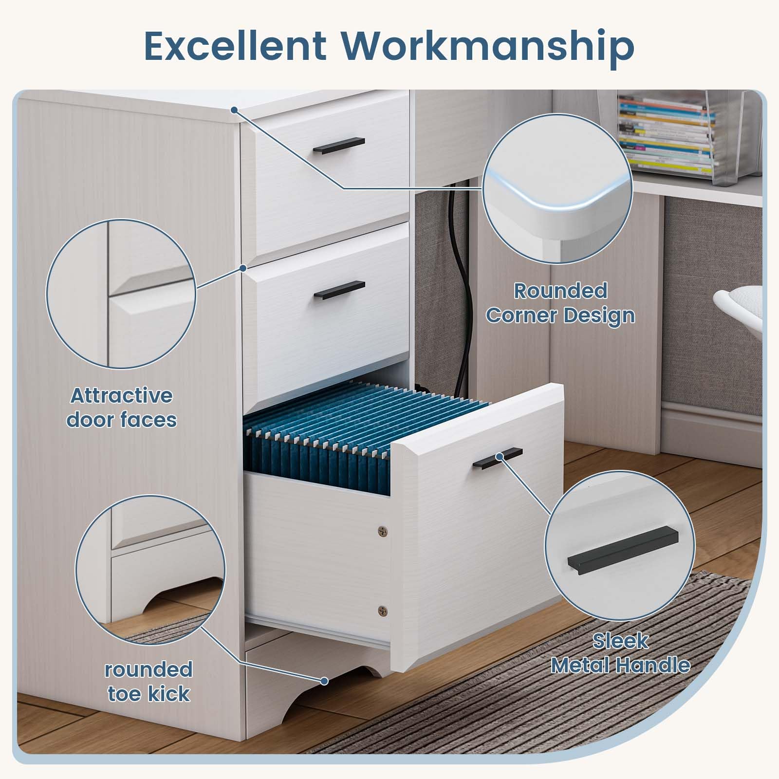 WhiteDesk 60W L-Shaped Office Desk with Storage Drawers & Power Outlet