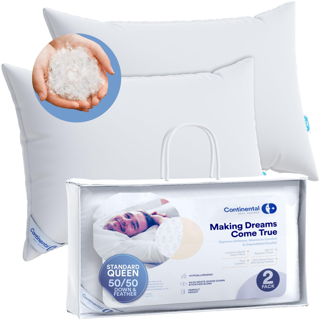 Comfort and Support 50/50 Pillow, Super Standard (Pack of 2), White 2 Count