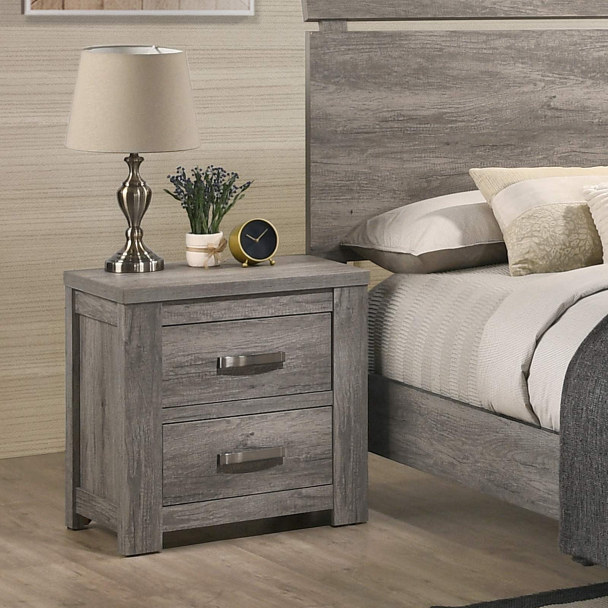 Floren Contemporary Weathered Gray Wood Bedroom Set, Queen Panel Bed, Dresser,