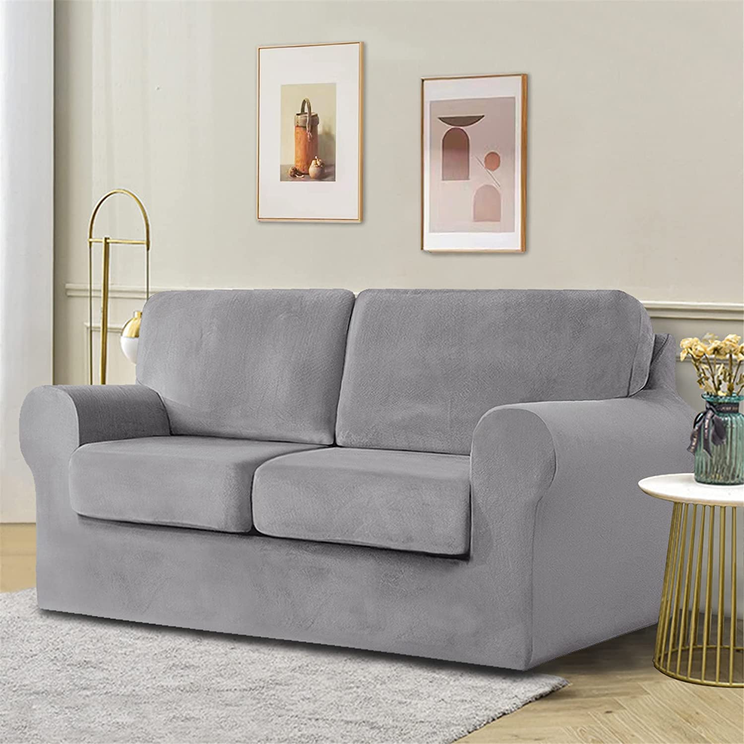 5-Piece Stretch VELVET Sofa Cover, 2 Seater Couch Slipcover Loveseat with Two Separate Backrests and Cushion Cover with Elastic Band for Dogs