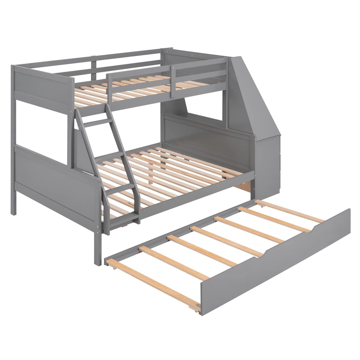 Twin Over Full Bunk Bed with Trundle and Built-in Desk, Solid Wood Bunk Bed Frame