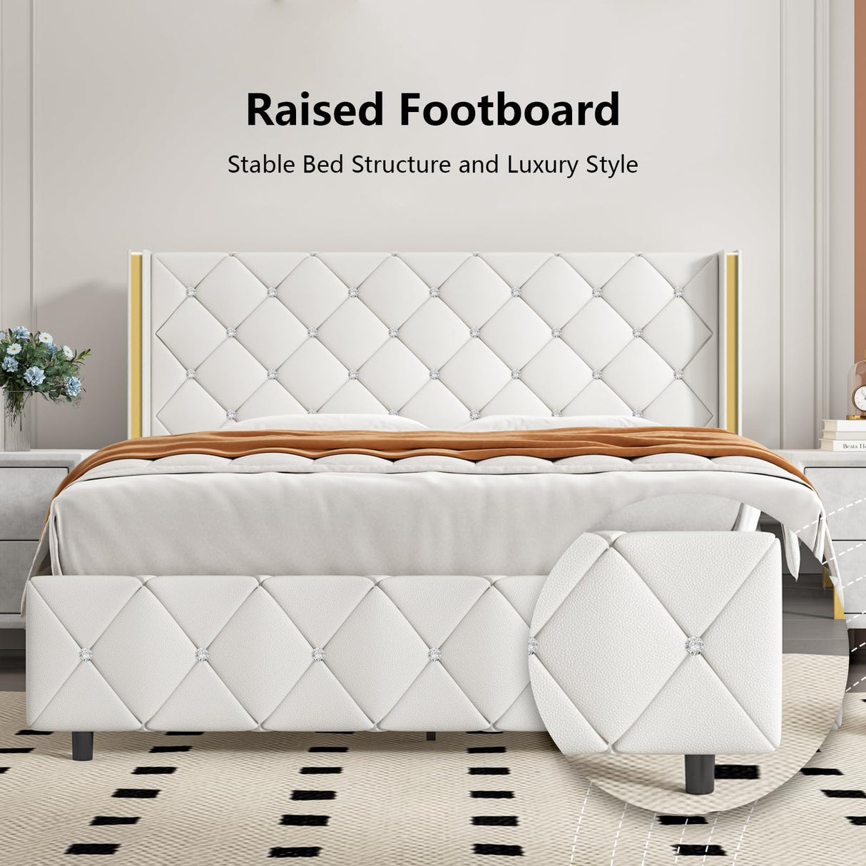 Upholstered Full Size Bed Frame with Diamond Headboard, Faux Leather Low Profile