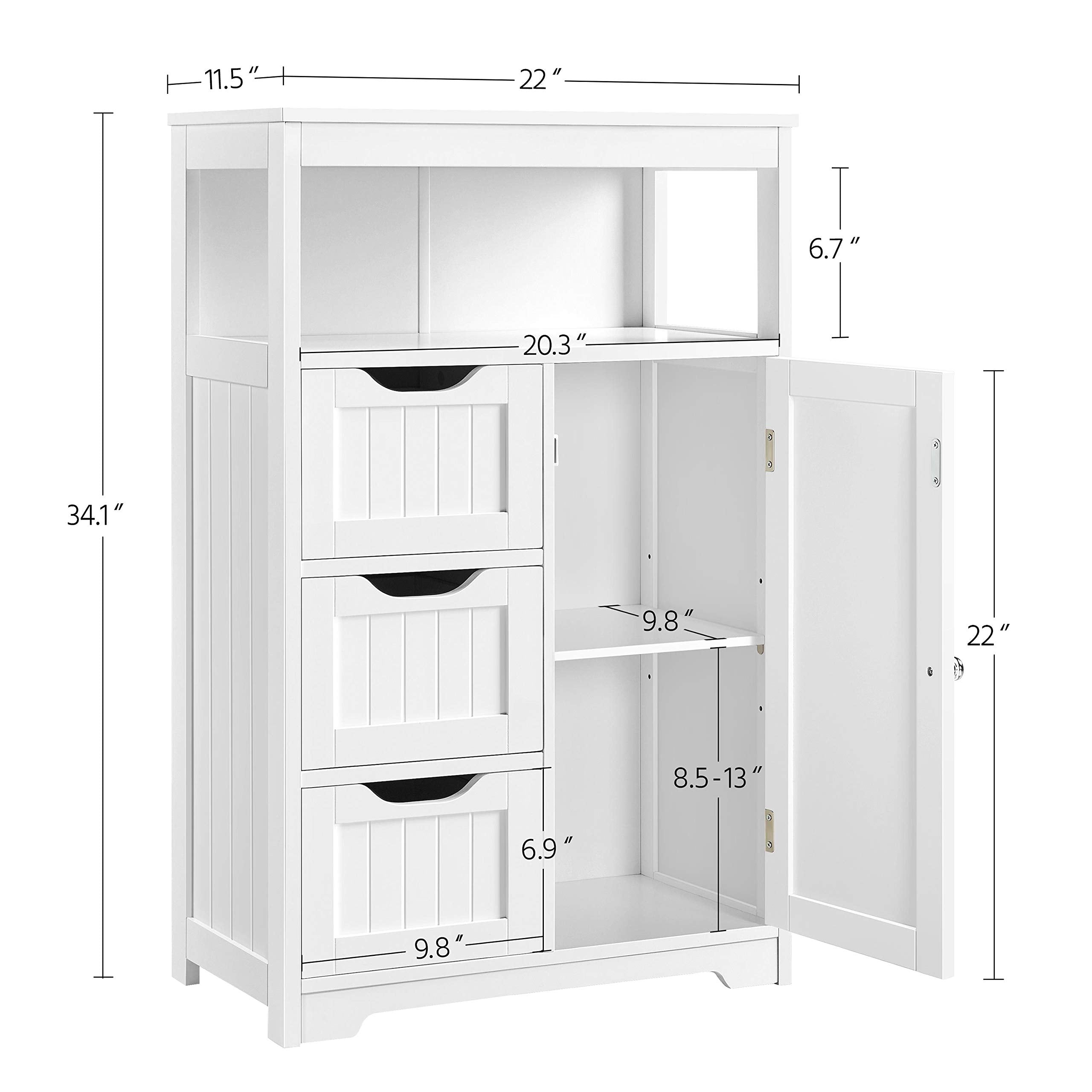 Bathroom Floor Cabinet Wooden Storage Organizer with 1 Door and 3 Drawers, Free-Standing Cupboard