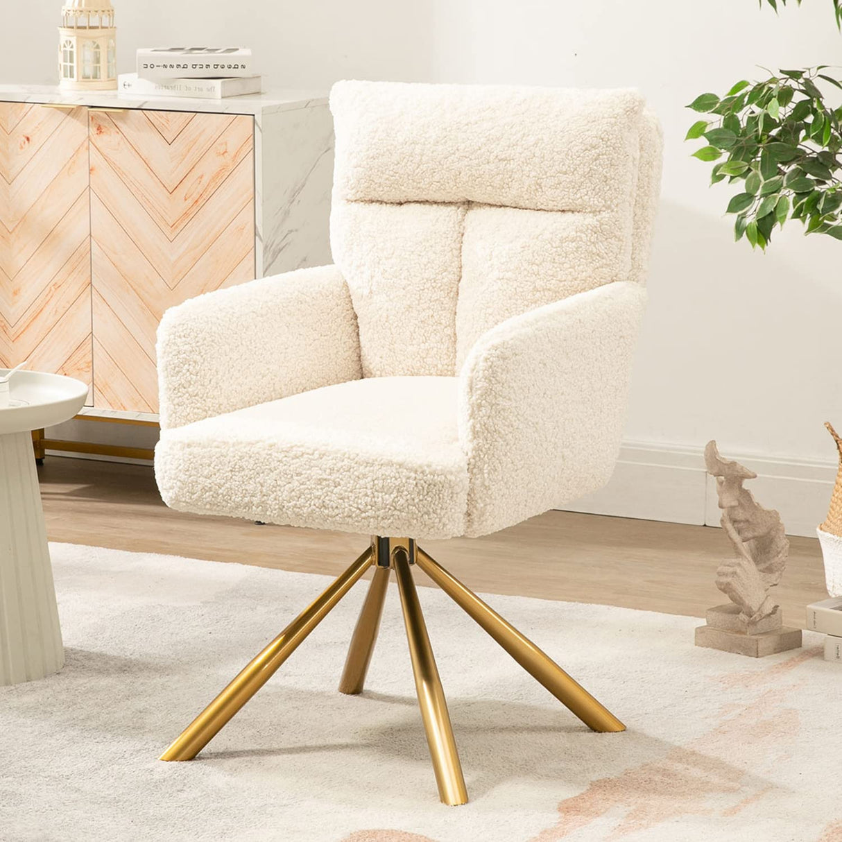 Teddy Office Desk Chair No Wheels, Modern Vanity Chair with Gold Legs, Wide Seat