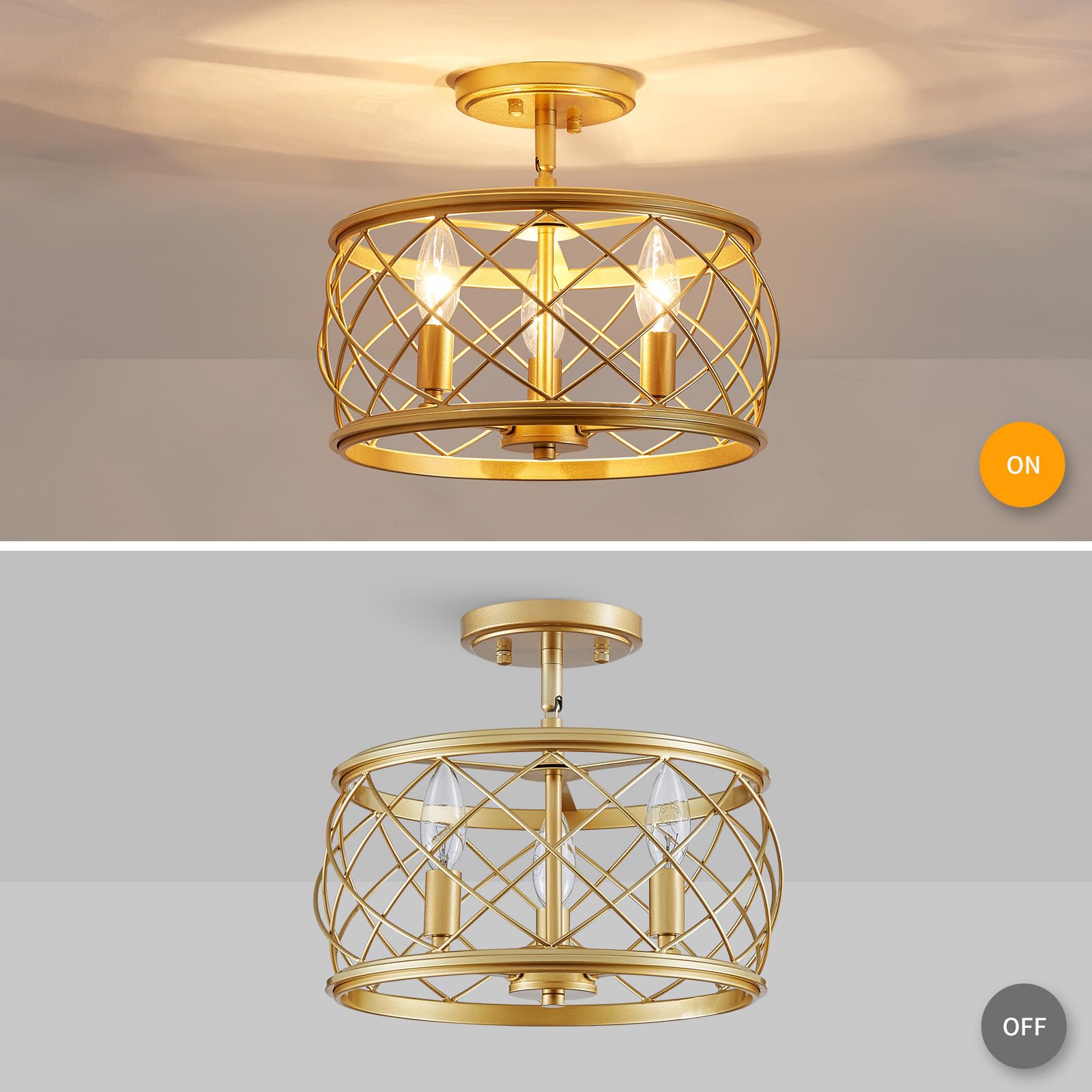 Gold Semi Flush Mount Ceiling Light, Industrial Vintage Close to Ceilinges for