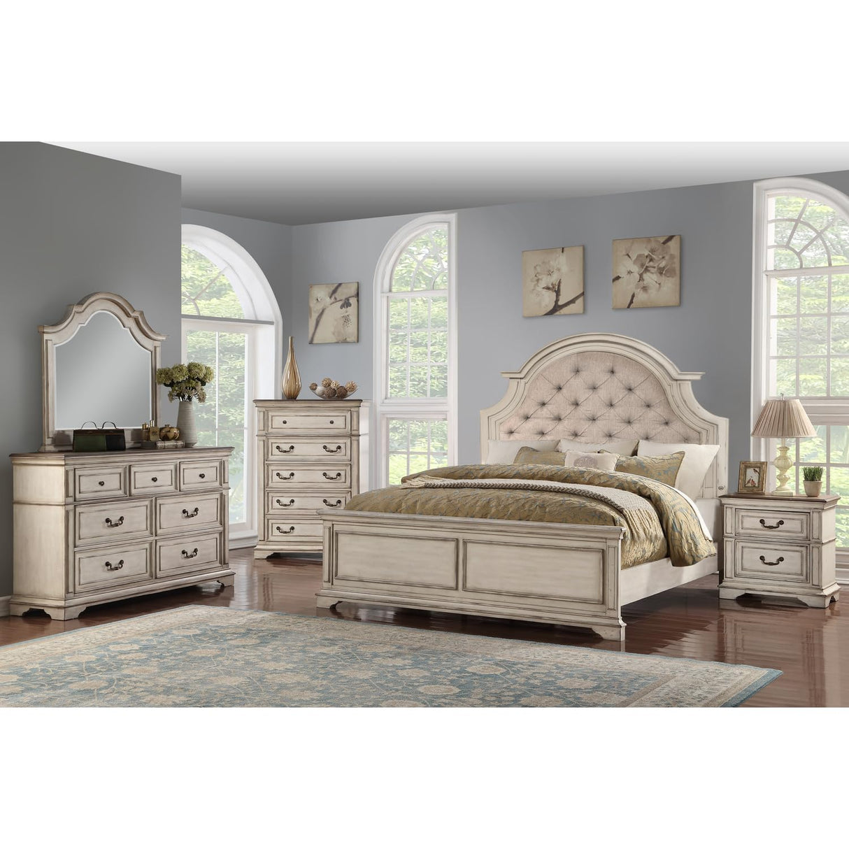 Anastasia Solid Wood Queen Bed - Antique White Finish