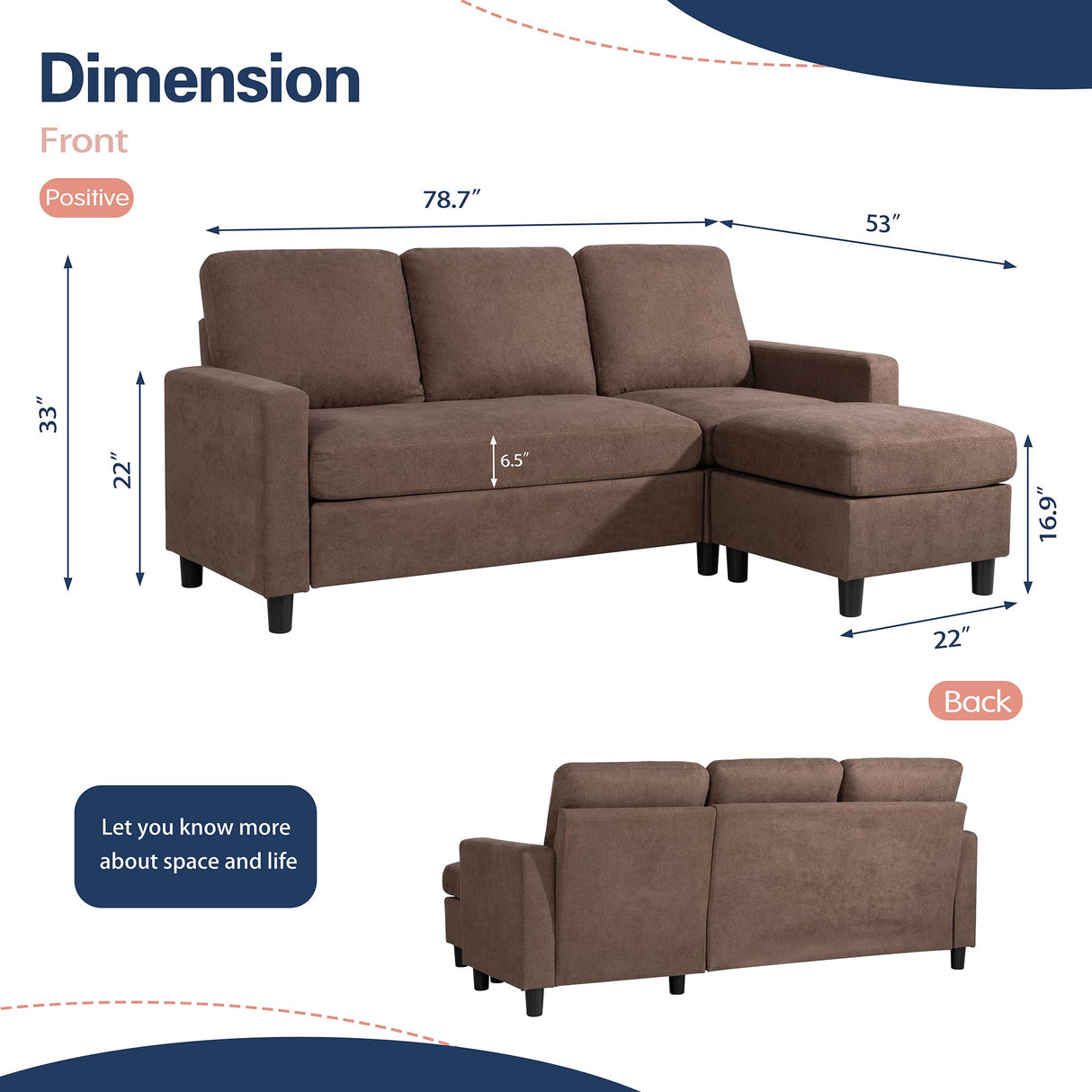 79" Convertible Sectional Sofa Couch, L Shaped Couch with Linen Fabric
