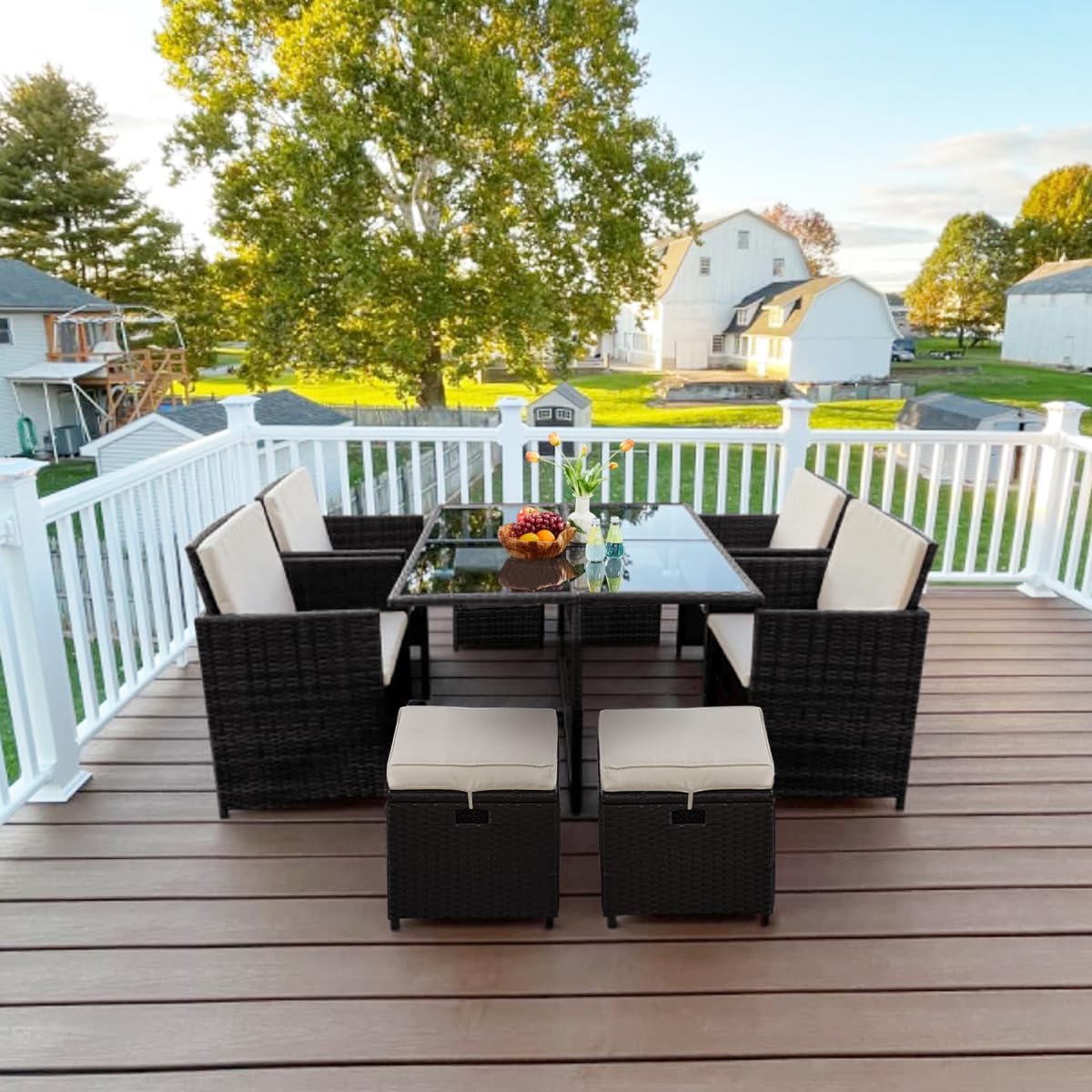 9-Piece Patio Dining Sets, Outdoor Space Saving Rattan Chairs with Glass Table