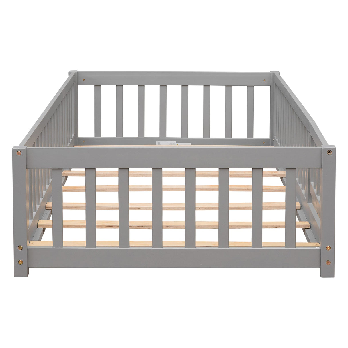 Platform Bed with Fence, Wooden Playpen Bed for Kids, Kids Fence Bed with Door, No Box Spring Needed (Grey)