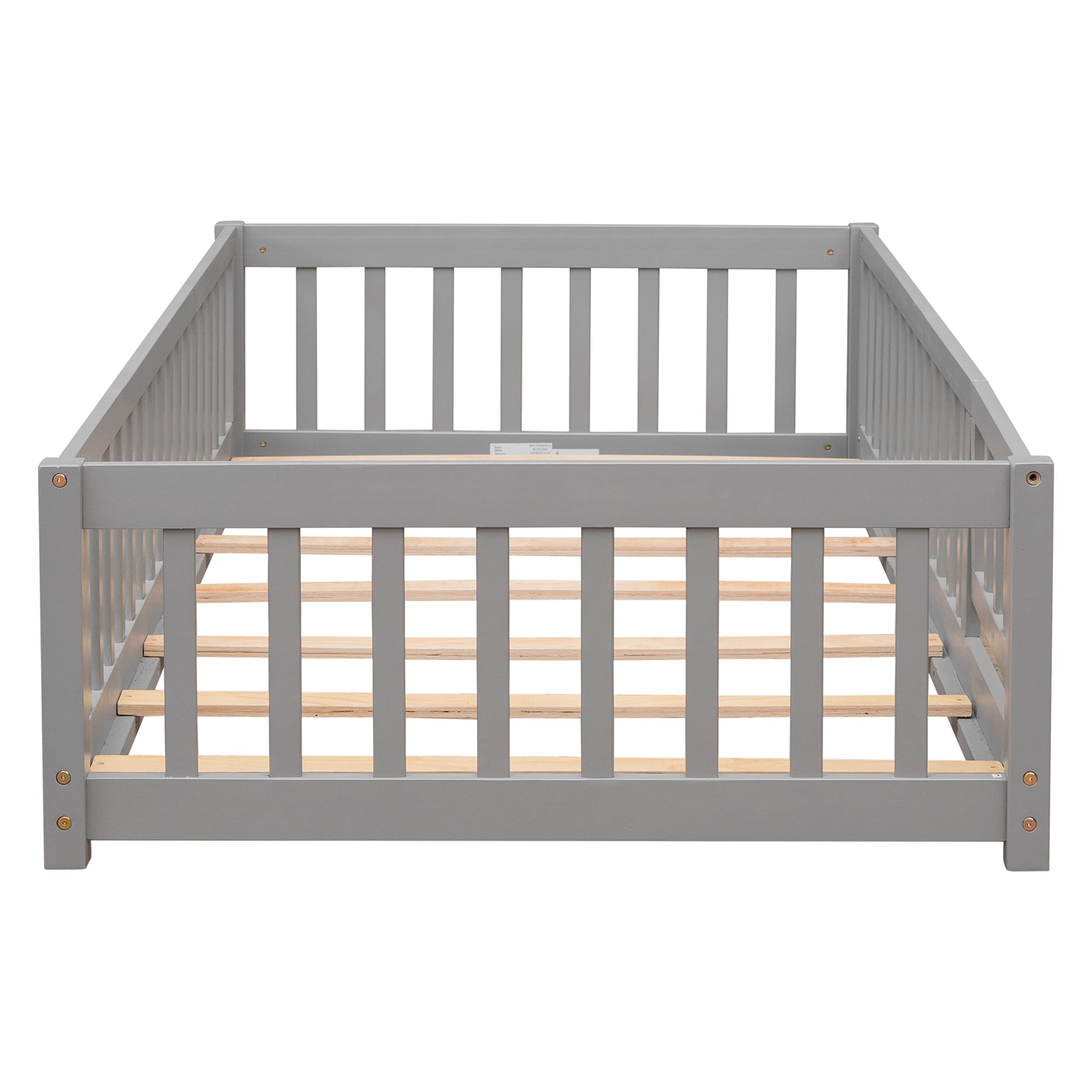 Platform Bed with Fence, Wooden Playpen Bed for Kids, Kids Fence Bed with Door, No Box Spring Needed (Grey)