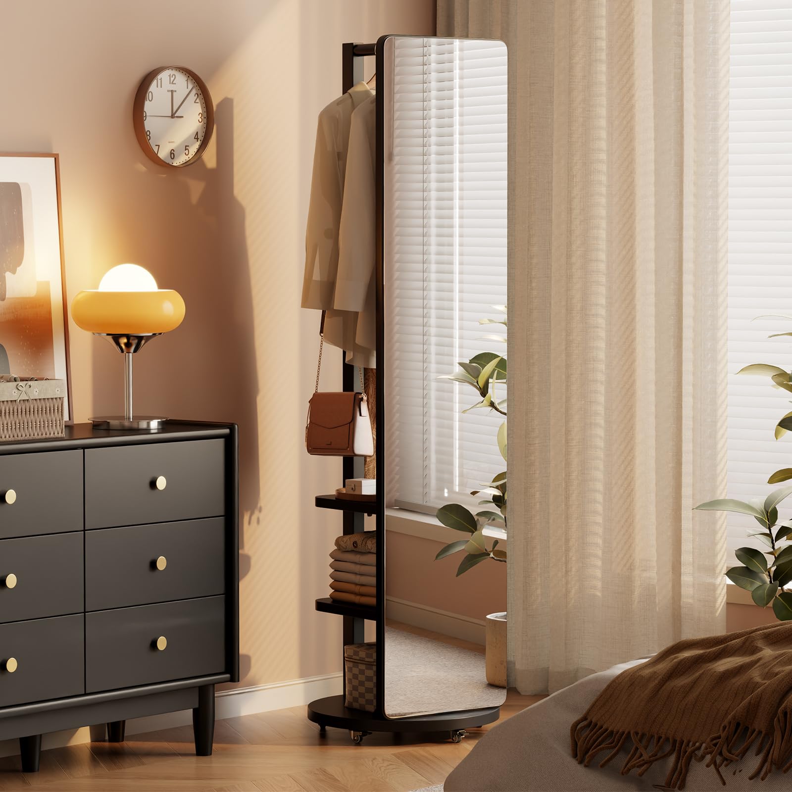 Wood Oversized Floor Mirror with Coat Rack, Full Body Mirror