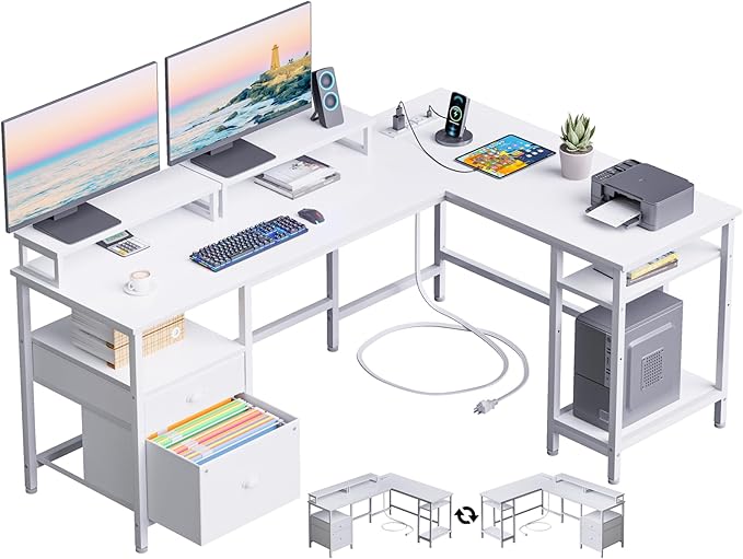 White 66" L Shaped Desk with Shelves, Reversible Corner Computer Desk with File Drawer & Dual Monitor Stand, Large Home Office Desk Writing Study Gaming Table Workstation