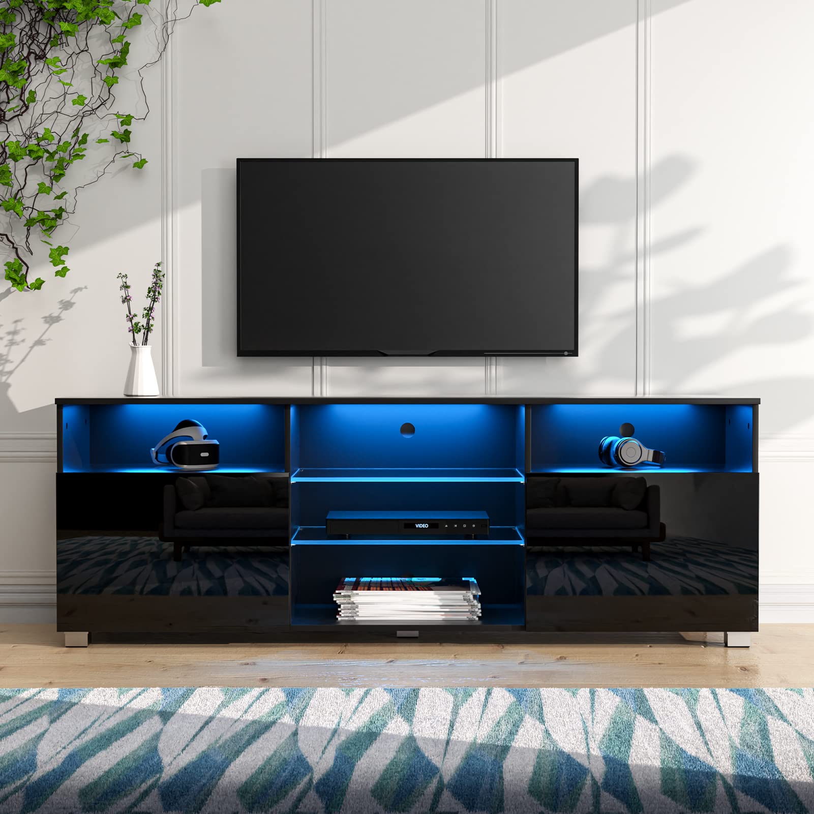 LED TV Stand for 65 inch TVs, Modern TV Stand with LED Lights and High Glossy Cabinets