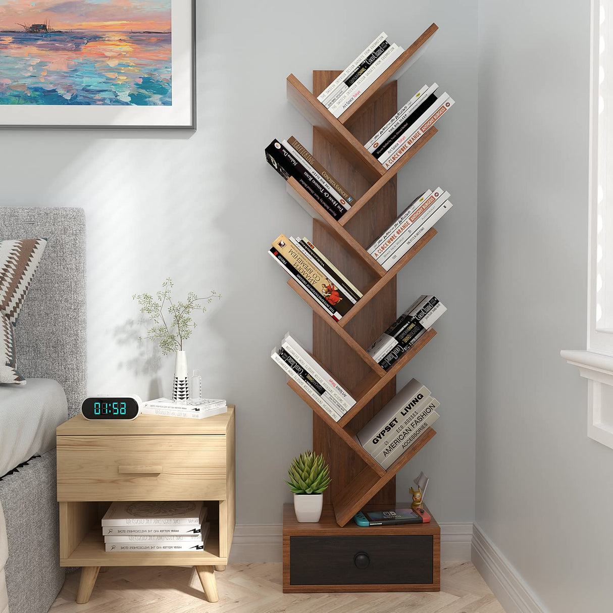 10-Tier Tree Bookshelf, Floor Standing Bookshelf with Drawer