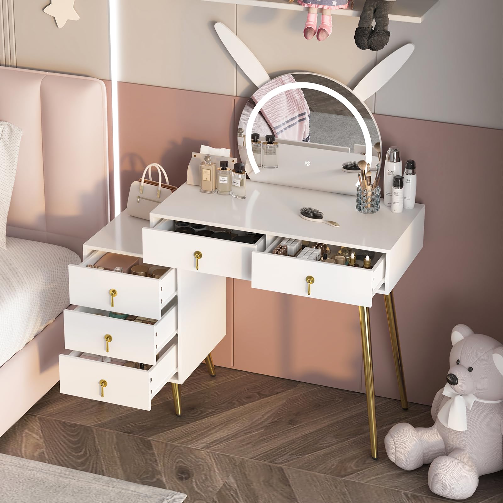 Vanity Desk with Mirror and Lights,Makeup Table with 5 Drawers and Led Lighted
