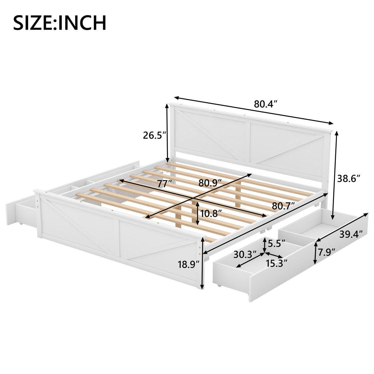 King Size Wooden Platform Bed White