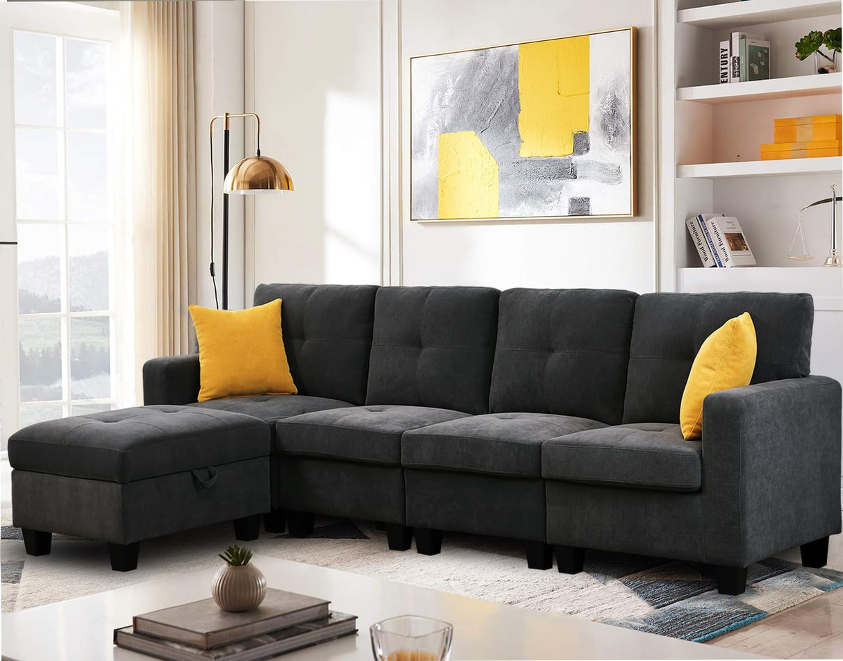 Modular Sofa Couch 4 Seat Sectional with Storage Ottoman, Velvet Reversible L Shaped