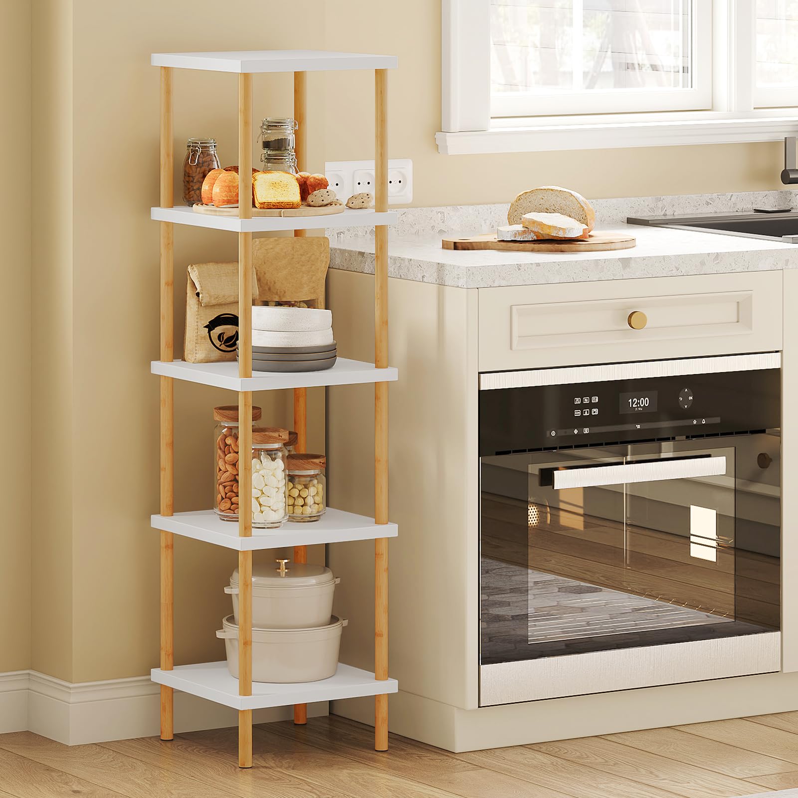 HOOBRO 5-Tier Corner Shelf, Bamboo Corner Square Rack Display Shelf, Tall Storage Rack Plant Stand, Corner Bookcase for Small Spaces, Living Room, Home Office, Kitchen, White and Natural WT21CJ01