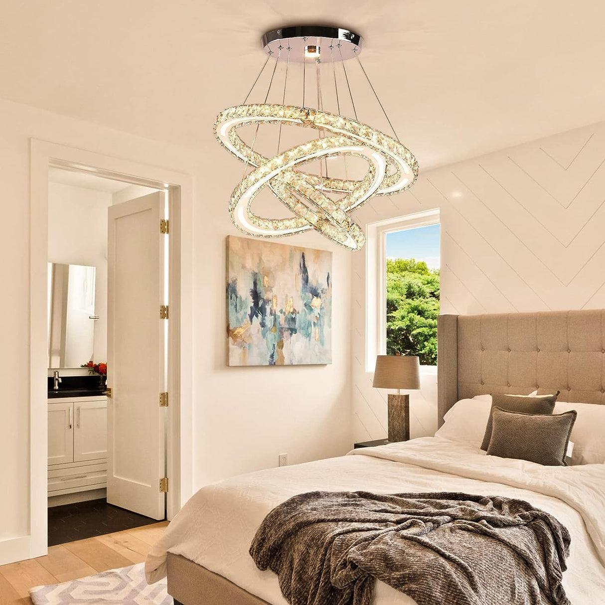Modern Chandeliers Crystal Ceiling Light 3 Rings Dimmable LED Pendant Light Fixture