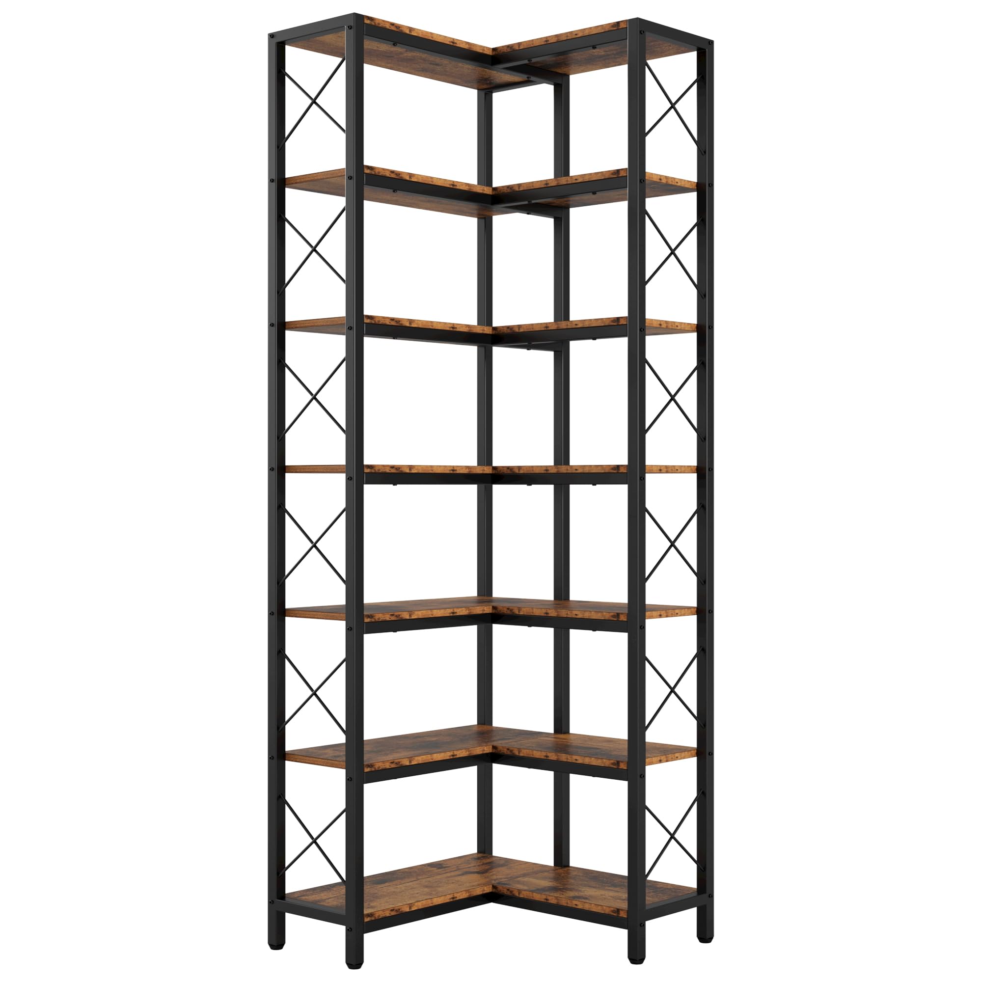 Corner Bookshelf, 7-Tier Industrial Corner Bookcase, Tall Corner Shelf Storage Display