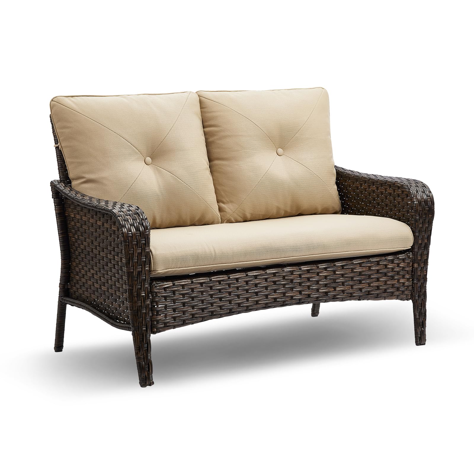 Outdoor Loveseat Sofa,2-Seater PE Wicker Outdoor Couch Porch High Back and Deep Seat Sofa Furniture for Backyard, Deck, Poolside （Brown/Beige）