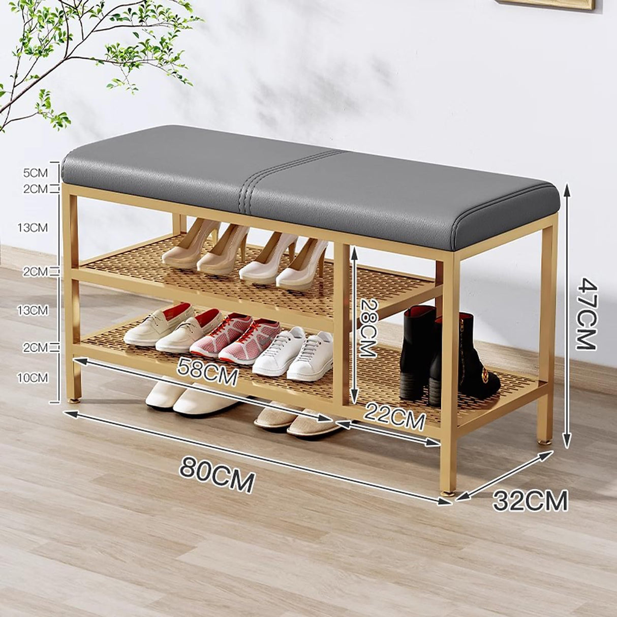 Entryway Bench with Shoe Rack Gold, Shoe Storage Organizer Bench