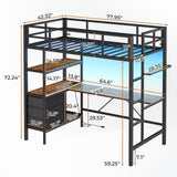 Twin Metal Loft Bed with L-Shaped Desk, LED Lights