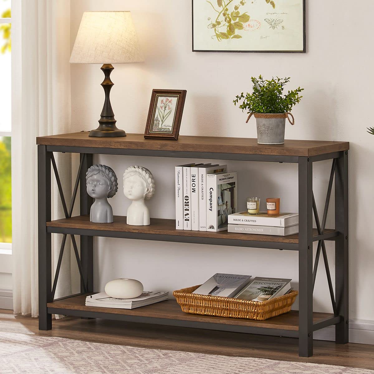 Rustic Console Table Behind Couch, Industrial Entryway Table with Shelves,