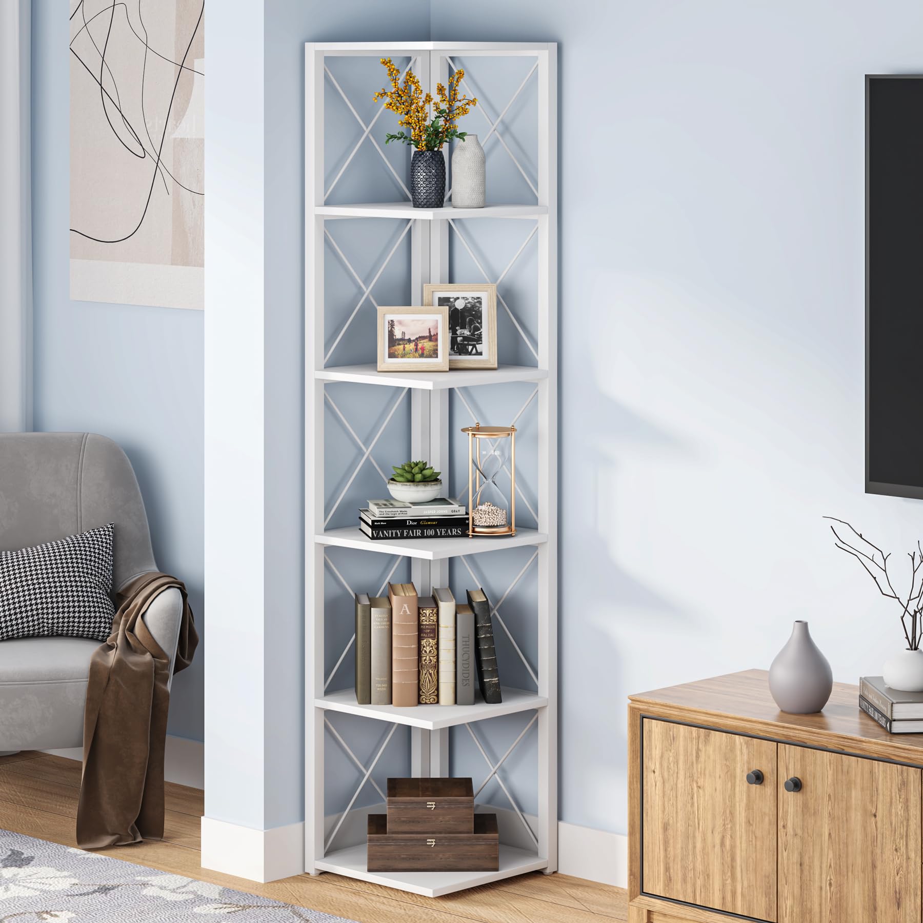 6 Tier Tree Bookshelf, Small Bookcase with Storage Cabinet, Modern Narrow Bookshelves