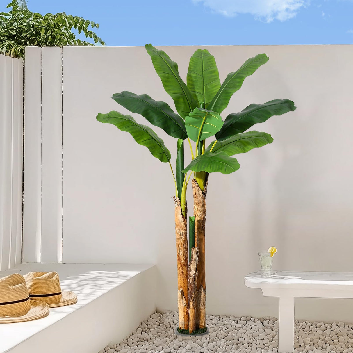 GarveeHome Artificial Banana Tree, 5FT Faux Banana Tree with Grey Planter, Artificial Plants with 11 Faux Banana Leaves Plant for Home Office Decor