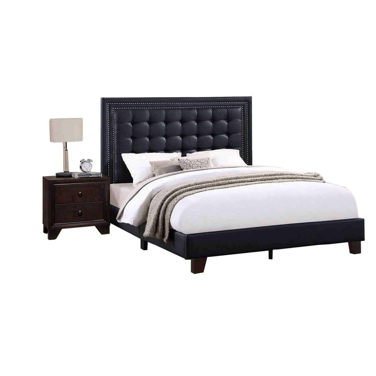 Benjara VEA Modern Platform Queen Bed, Deep Tufted Upholstery, Black Faux Leather