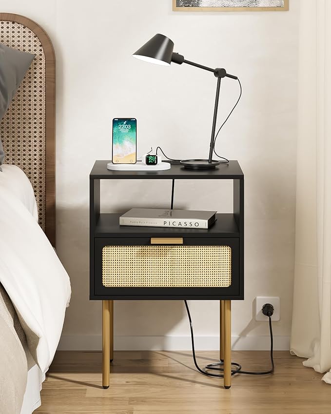 Rattan Nightstand with Charging Station, 2 Drawer Dresser for Bedroom