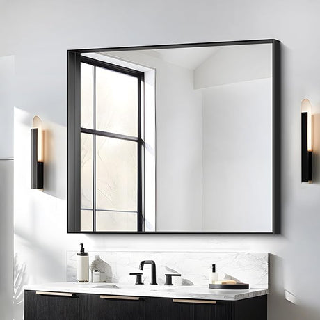 Bathroom Mirror,55x36 inch Large Wall Mirror for Bathroom Wall Mounted Black Rectangle Corner Mirrors,