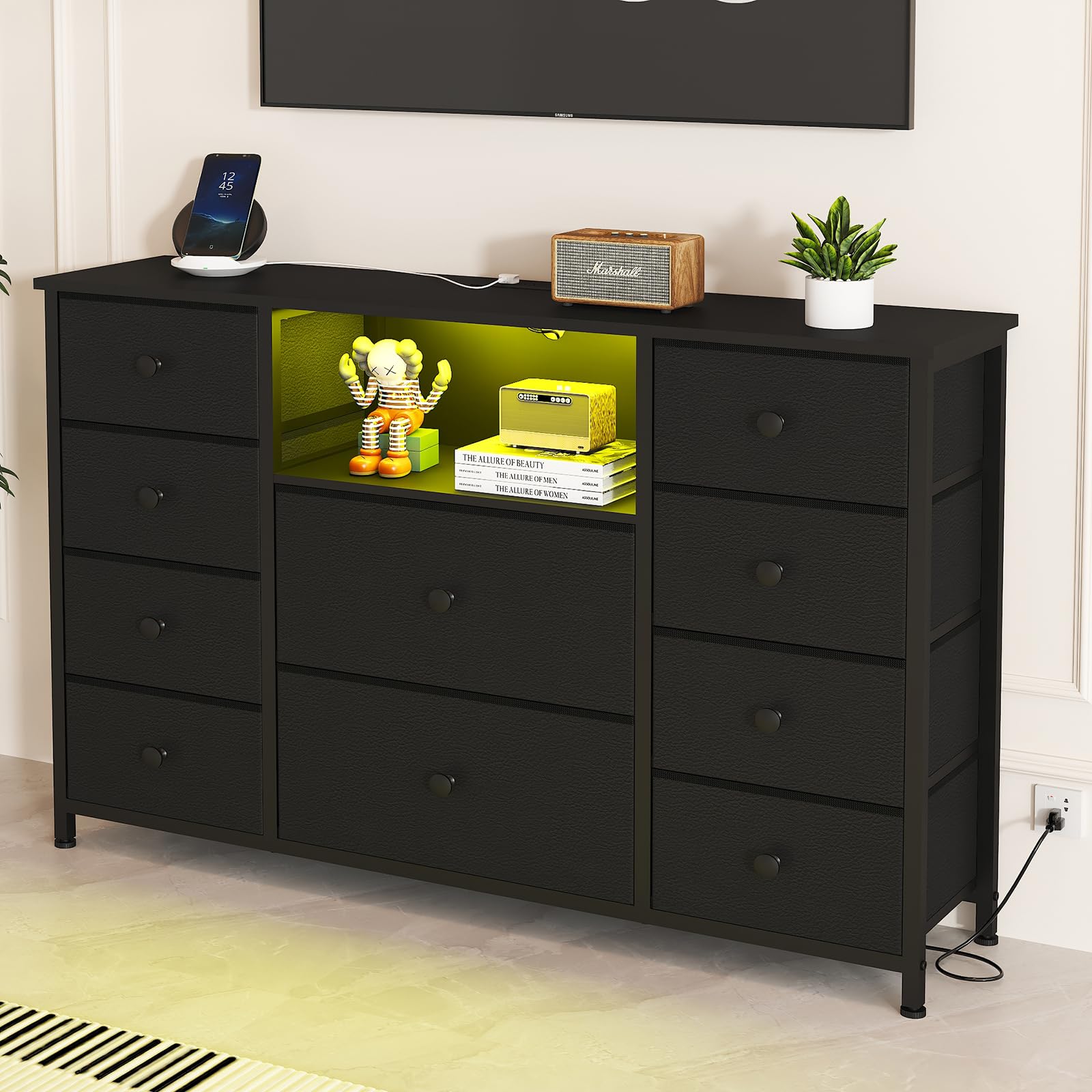Dresser with Charging Station and LED Lights, Long Dresser