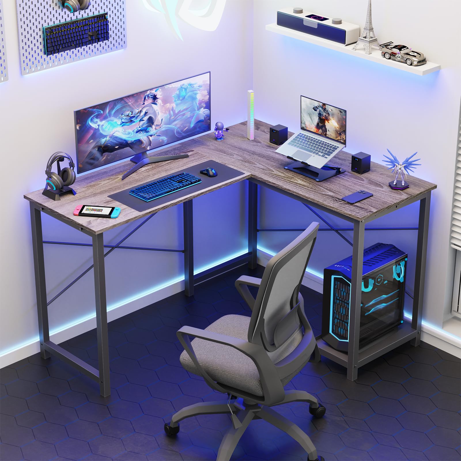 L Shaped Computer Desk Wood Corner PC Gaming Table with Side Storage Bag for Home