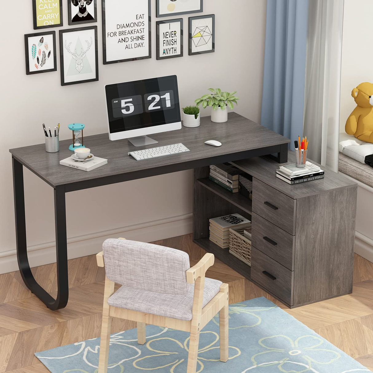 Home Office Computer Desk Corner Desk with 3 Drawers and 2 Shelves