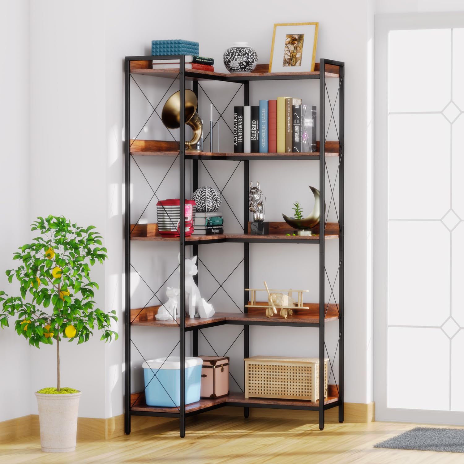 5 Tiers Corner Bookshelf Bookcase, Industrial L-Shaped Bookshelf with Baffles Etagere Shelf Storage Rack with Metal Frame for Living Room, Bedroom, Home Office, Brown