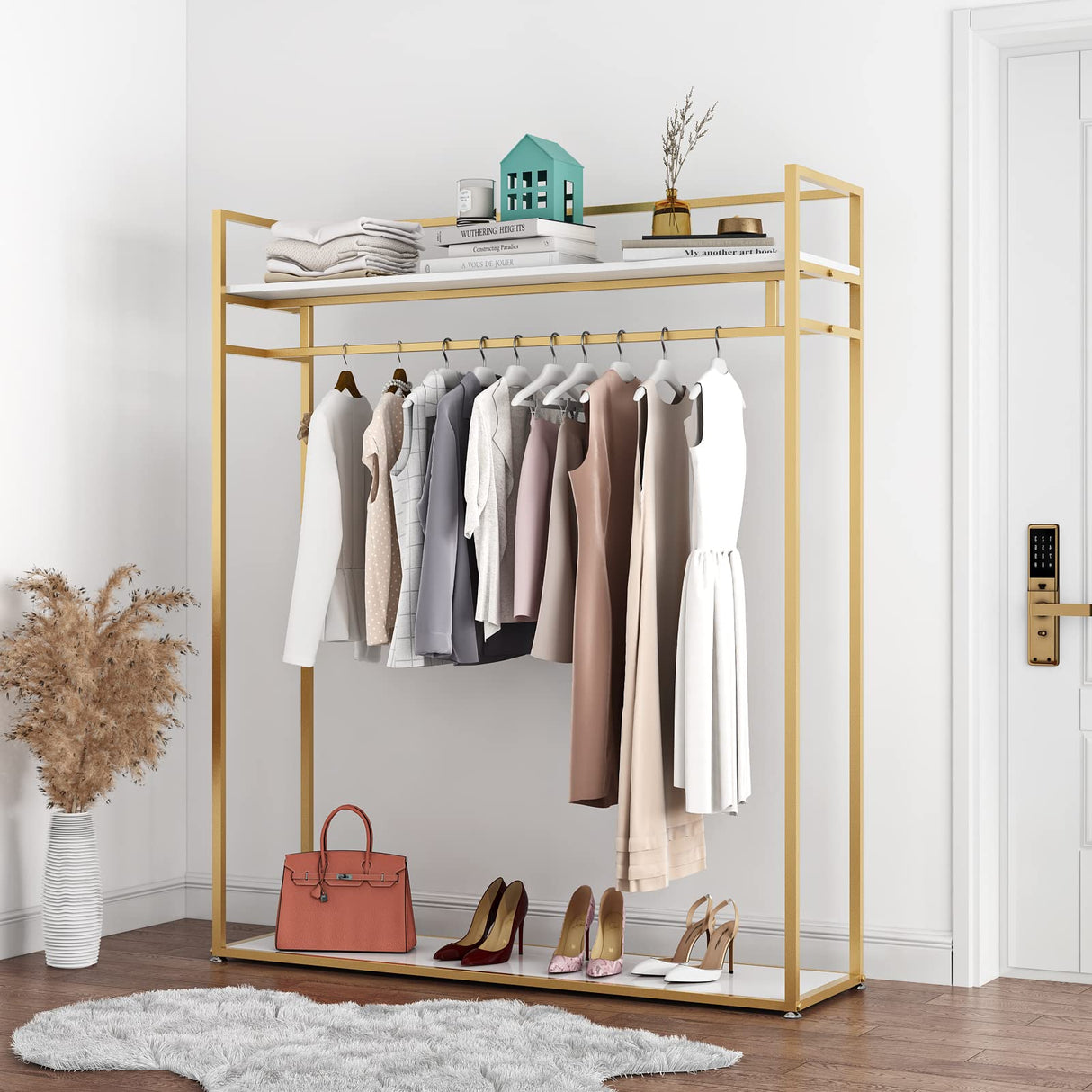 Heavy Duty Clothing Rack with Shelves for Hanging Clothing, Gold Metal