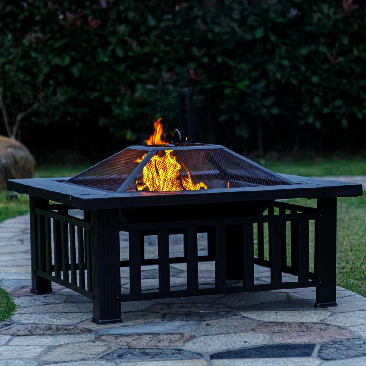 Panovue Multifunctional Fire Pit Table 32 inch Square Metal Firepit Stove Backyard Patio Garden Fireplace for Camping, Outdoor Heating, Bonfire and Picnic - Bircata