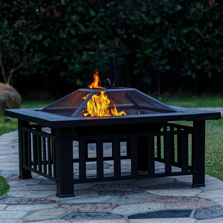 Panovue Multifunctional Fire Pit Table 32 inch Square Metal Firepit Stove Backyard Patio Garden Fireplace for Camping, Outdoor Heating, Bonfire and Picnic - Bircata