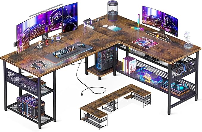 L Shaped Computer Desk with Magic Power Outlets and Smart LED Light