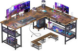 L Shaped Computer Desk with Magic Power Outlets and Smart LED Light